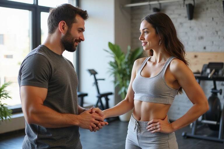Hombre y mujer haciendo ejercicio con un entrenador personal.