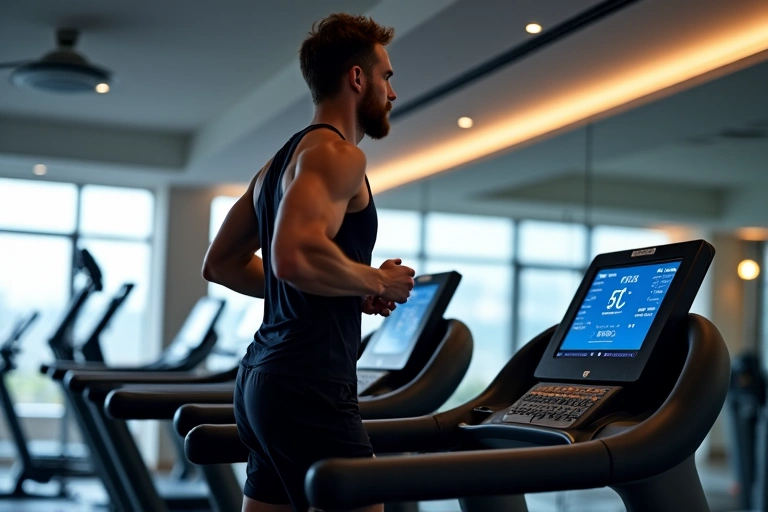 Hombre corriendo en una cinta de correr con datos de rendimiento en pantalla.