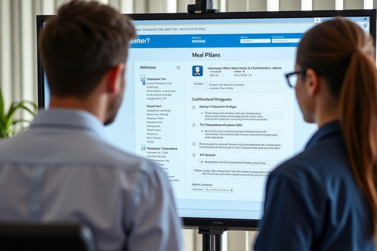 Paciente y nutricionista revisando juntos un plan de alimentación en una pantalla, con una expresión de entendimiento y compromiso.