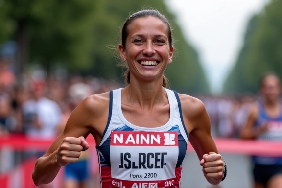 Mariana S., maratonista, cruzando la meta con una sonrisa