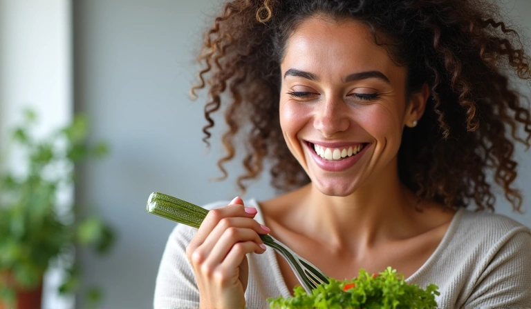 Mujer sonriendo mientras come una ensalada fresca y colorida